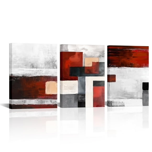 Framed Canvas Wall Art Decor Set Abstract Red Gray Black for Living Room Bedroom Textured Paintings Framed Artwork Decor