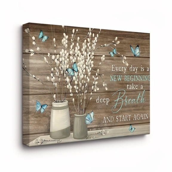 Framed Canvas Wall Art – "Every Day Is a New Beginning" Motivational Quote with Blue Butterflies and Willow Branches