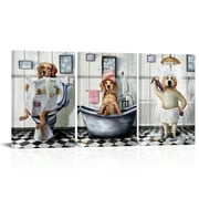 Framed Canvas Wall Art Funny Bathroom Dog Painting Sitting in Toilet Prints Pictures Posters Artwork for Kids Teenage Bathroom Dog Artwork 16"x24"x3 Panels