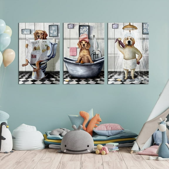 Framed Canvas Wall Art Funny Bathroom Dog Painting Sitting in Toilet Prints Pictures Posters Artwork for Kids Teenage Bathroom Dog Artwork 16"x24"x3 Panels