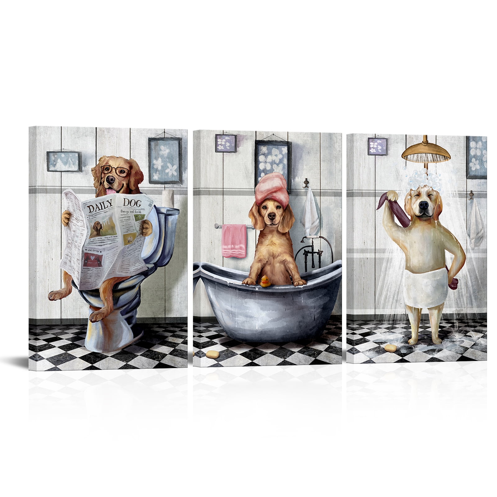 "Framed Canvas Wall Art, Funny Bathroom Dog Painting, Home Decor, Ready ...