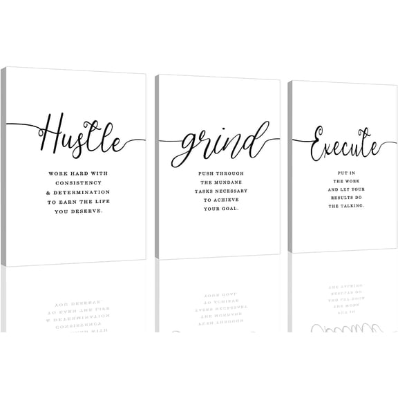 Framed Canvas Wall Art Grind Hustle Quote Poster, Office Wall Art, Positive Motivational Set of 3 Prints, Hustle prints Execute, Inspirational Wall Decor Art (H-3pcs,12x16inchx3pcs)