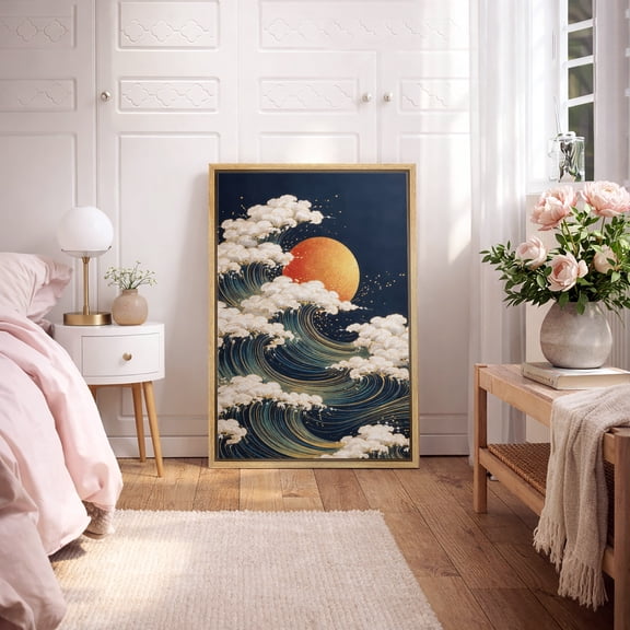 Framed Canvas Wall Art Japanese Wave Sun Print for Living Room Decoration - 16"x24" NATURAL