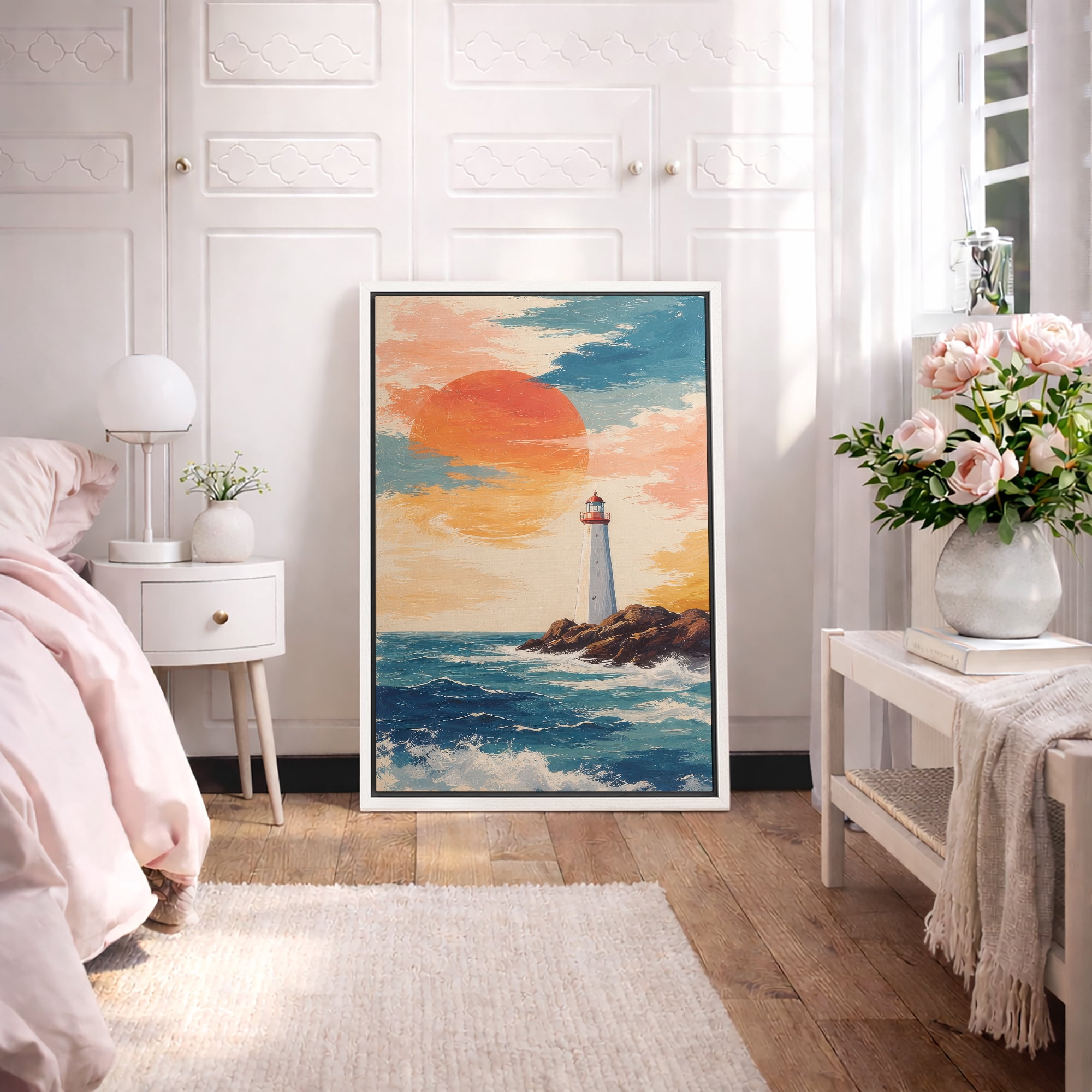 Framed Canvas Wall Art Lighthouse Sunset Seascape Print for Living Room ...