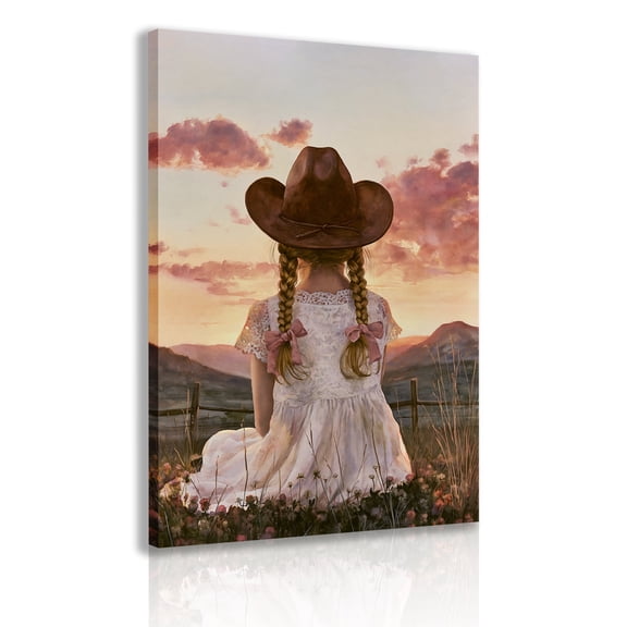 Framed Canvas Wall Art: A Little Cowgirl in a Cowboy Hat, Sitting Peacefully in a Wildflower Meadow at Sunset—A Serene Western-Style Print, Ideal for Farmhouse, Rustic, and Children's Room Decor.