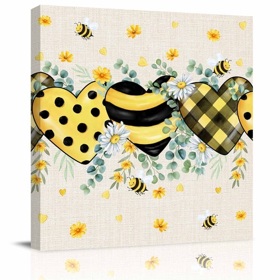 Framed Canvas Wall Art for Living Room Bee Love Heart Wall Decor, Daisy Flower Eucalyptus Leaves Linen Aesthetic Paintings for Bedroom Office Kitchen, Ready to Hang Artwork Wall Pictures 8x8 Inch
