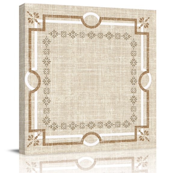 Framed Canvas Wall Art for Living Room Beige Linen Border Wall Decor, Floral Lines Frame Aesthetic Paintings for Bedroom Office Kitchen Bathroom, Ready to Hang Artwork Wall Pictures 8x8 Inch