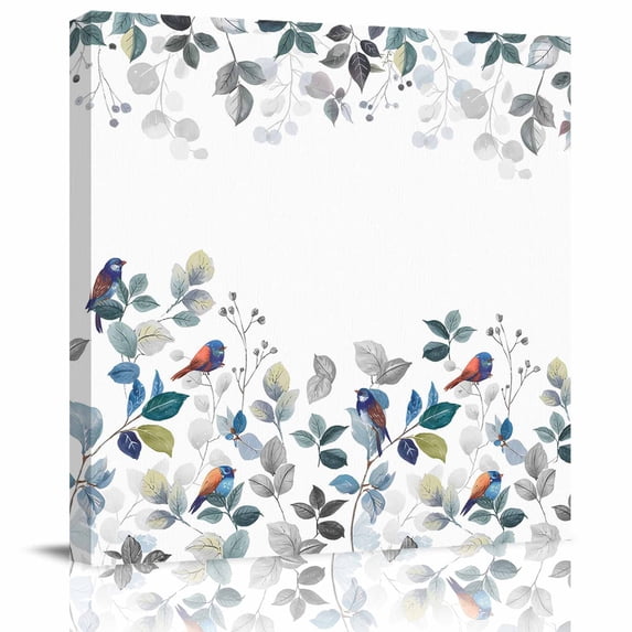 Framed Canvas Wall Art for Living Room Bird Wall Decor, Ombre Blue Leaves Branch Aesthetic Paintings for Bedroom Office Kitchen Bathroom, Ready to Hang Artwork Wall Pictures 8x8 Inch