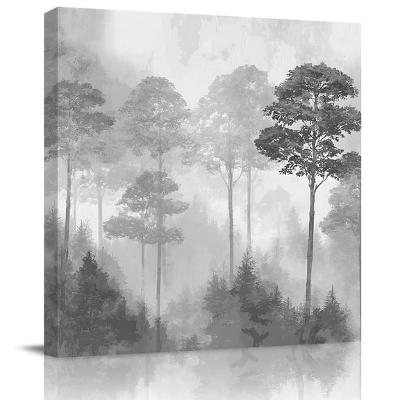 Framed Canvas Wall Art for Living Room Black Pine Tree Wall Decor, Misty Forest Nature Aesthetic Paintings for Bedroom Office Kitchen Bathroom, Ready to Hang Artwork Wall Pictures 8x8 Inch