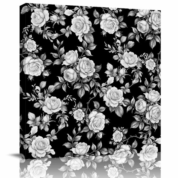 Framed Canvas Wall Art for Living Room Black Rose Wall Decor, Leaf Floral Vintage Style Aesthetic Paintings for Bedroom Office Kitchen Bathroom, Ready to Hang Artwork Wall Pictures 8x8 Inch