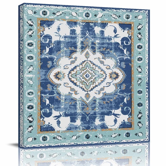 Framed Canvas Wall Art for Living Room Blue Bohemia Wall Decor, Tribal Vintage Boho Aesthetic Paintings for Bedroom Office Kitchen Bathroom, Ready to Hang Artwork Wall Pictures 8x8 Inch