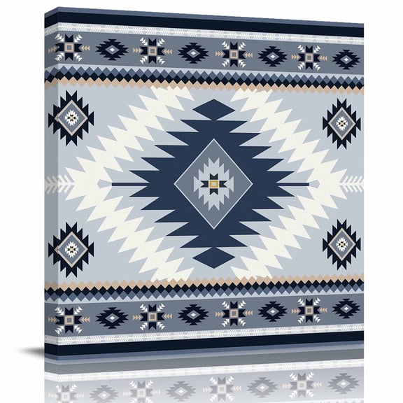 Framed Canvas Wall Art for Living Room Blue Bohemian Wall Decor, Aztec Boho Tribal Style Aesthetic Paintings for Bedroom Office Kitchen Bathroom, Ready to Hang Artwork Wall Pictures 8x8 Inch