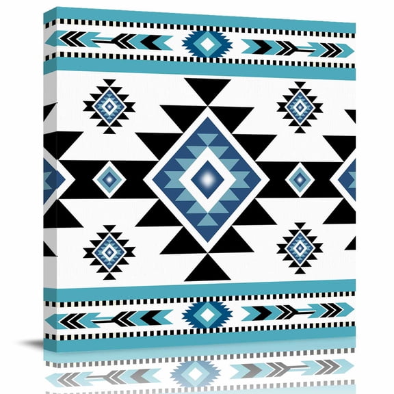 Framed Canvas Wall Art for Living Room Blue Boho Wall Decor, Bohemian Native Southwest Ethnic Aesthetic Paintings for Bedroom Office Kitchen Bathroom, Ready to Hang Artwork Wall Pictures 8x8 Inch