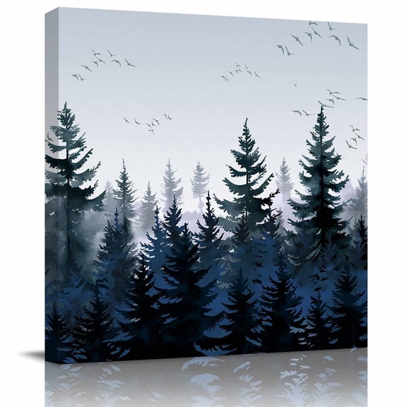 Framed Canvas Wall Art for Living Room Blue Forest Wall Decor, Tree Bird Nature Landscape Aesthetic Paintings for Bedroom Office Kitchen Bathroom, Ready to Hang Artwork Wall Pictures 8x8 Inch