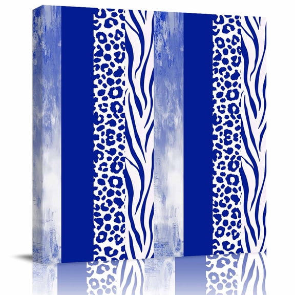 Framed Canvas Wall Art for Living Room Blue Leopard Zebra Stripes Wall Decor, Abstract Collage Aesthetic Paintings for Bedroom Office Kitchen Bathroom, Ready to Hang Artwork Wall Pictures 8x8 Inch