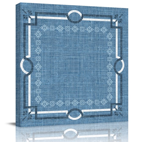 Framed Canvas Wall Art for Living Room Blue Linen Border Wall Decor, Floral Lines Frame Aesthetic Paintings for Bedroom Office Kitchen Bathroom, Ready to Hang Artwork Wall Pictures 8x8 Inch