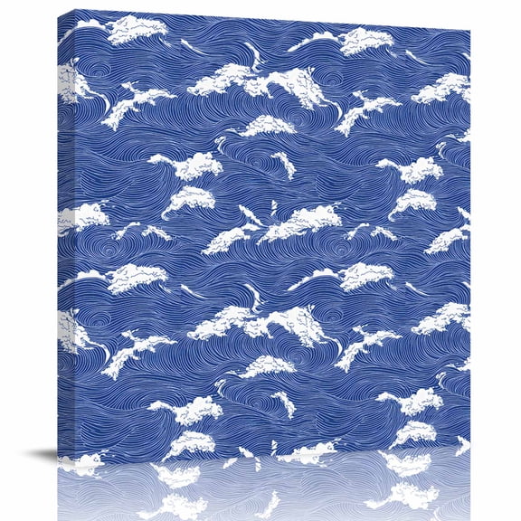 Framed Canvas Wall Art for Living Room Blue Ocean Waves Wall Decor, Wavy Lines Aesthetic Paintings for Bedroom Office Kitchen Bathroom, Ready to Hang Artwork Wall Pictures 8x8 Inch