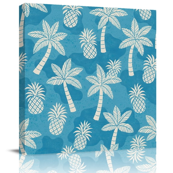 Framed Canvas Wall Art for Living Room Blue Palm Trees Wall Decor, Coastal Tropical Pineapple Aesthetic Paintings for Bedroom Office Kitchen Bathroom, Ready to Hang Artwork Wall Pictures 12x12 Inch