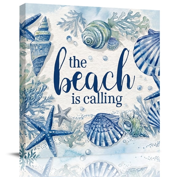 Framed Canvas Wall Art for Living Room Blue Shell Starfish Wall Decor, Coastal The Beach Is Calling Aesthetic Paintings for Bedroom Office Kitchen, Ready to Hang Artwork Wall Pictures 8x8 Inch