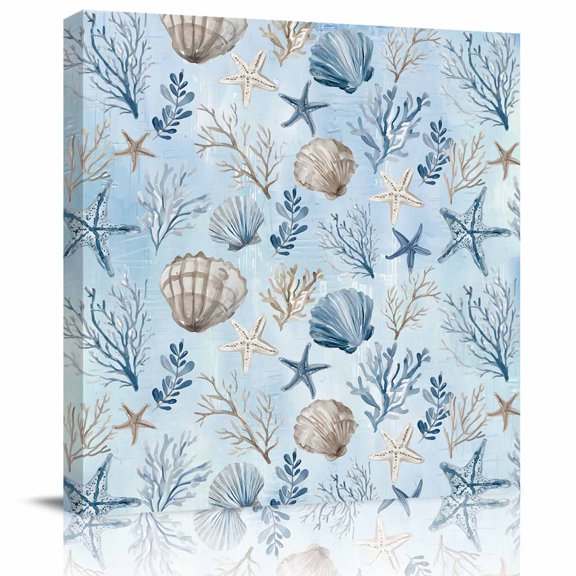 Framed Canvas Wall Art for Living Room Blue Starfish Shell Wall Decor, Coral Ocean Marine Life Aesthetic Paintings for Bedroom Office Kitchen Bathroom, Ready to Hang Artwork Wall Pictures 8x8 Inch