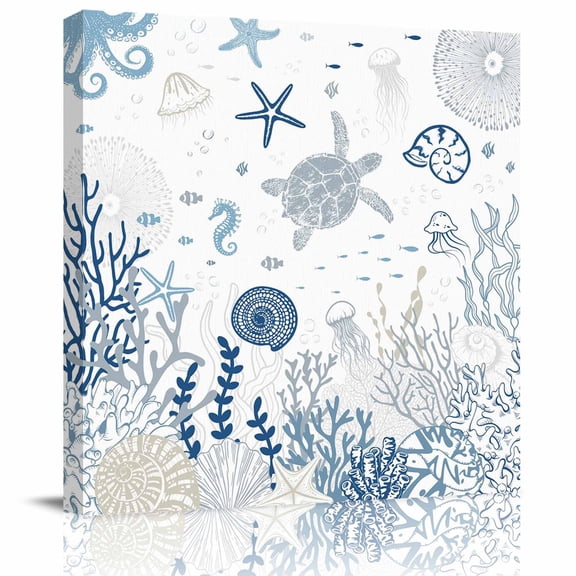 Framed Canvas Wall Art for Living Room Blue Turtle Shell Wall Decor, Coral Conch Seaweed Starfish Aesthetic Paintings for Bedroom Office Kitchen, Ready to Hang Artwork Wall Pictures 8x8 Inch