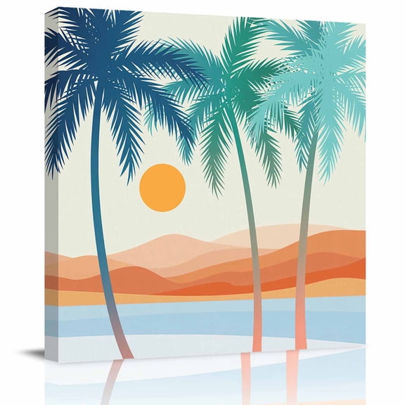 Framed Canvas Wall Art for Living Room Bohemian Summer Beach Wall Decor, Mount Coconut Tree Boho Aesthetic Paintings for Bedroom Office Kitchen Bathroom, Ready to Hang Artwork Wall Pictures 8x8 Inch