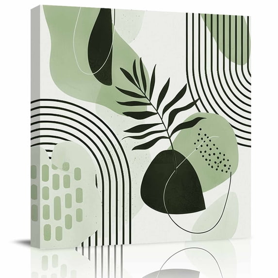 Framed Canvas Wall Art for Living Room Boho Abstract Mid Century Wall Decor, Sage Green Modern Geometric Leaf Aesthetic Paintings for Bedroom Office Kitchen, Ready to Hang Wall Pictures 8x8 Inch
