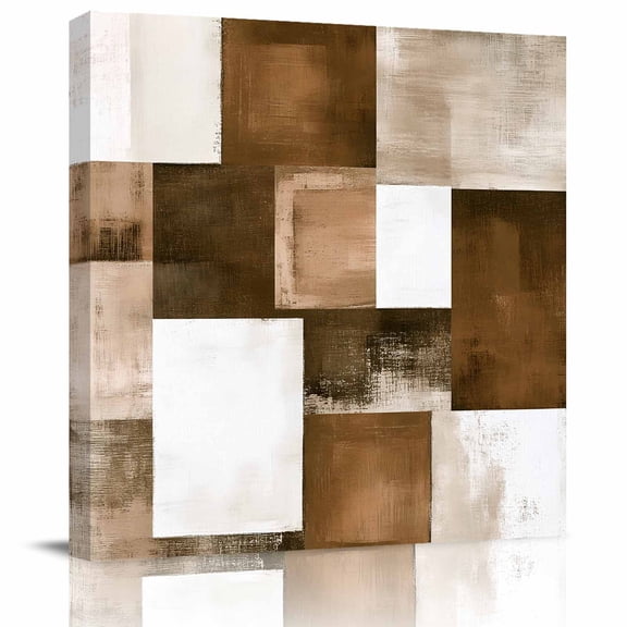 Framed Canvas Wall Art for Living Room Brown Plaid Wall Decor, Abstract Art Color Block Aesthetic Paintings for Bedroom Office Kitchen Bathroom, Ready to Hang Artwork Wall Pictures 8x8 Inch