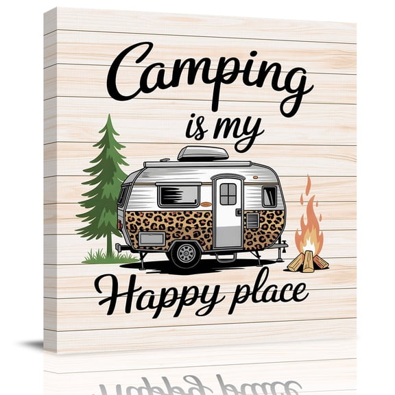 Framed Canvas Wall Art for Living Room Camping Is My Happy Place Wall Decor, Camper Van Tree Flame Wood Aesthetic Paintings for Bedroom Office Kitchen Bathroom, Ready to Hang Artwork 8x8 Inch