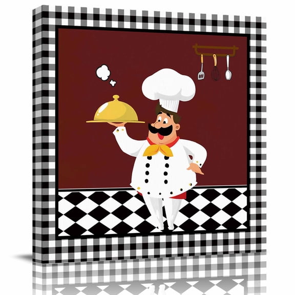 Framed Canvas Wall Art for Living Room Cartoon Chef Wall Decor, Kitchen Gourmet Black Plaid Aesthetic Paintings for Bedroom Office Kitchen Bathroom, Ready to Hang Artwork Wall Pictures 8x8 Inch