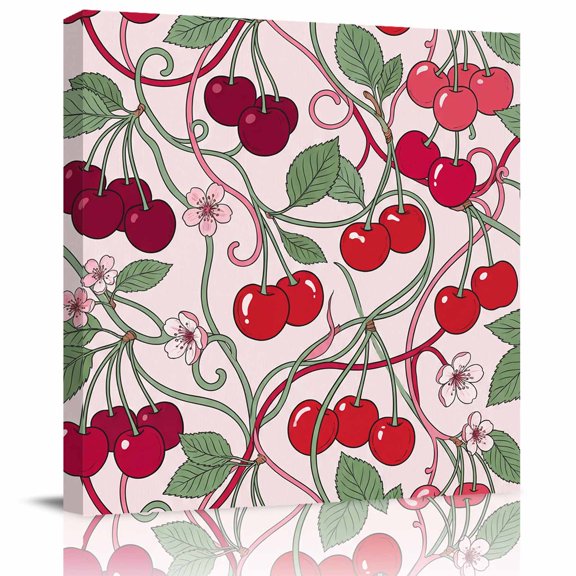 Framed Canvas Wall Art for Living Room Cherry Wall Decor, Red Fruit Twining Vines Flower Aesthetic Paintings for Bedroom Office Kitchen Bathroom, Ready to Hang Artwork Wall Pictures 8x8 Inch