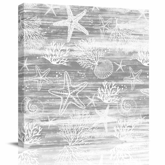 Framed Canvas Wall Art for Living Room Coral Shell Starfish Wall Decor, Grey Summer Ocean Conch Aesthetic Paintings for Bedroom Office Kitchen Bathroom, Ready to Hang Artwork Wall Pictures 8x8 Inch