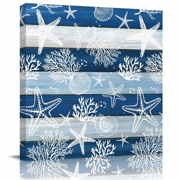 Framed Canvas Wall Art for Living Room Coral Starfish Wall Decor, Ocean Shell Marine Life Navy Blue Wood Aesthetic Paintings for Bedroom Office Kitchen, Ready to Hang Artwork Wall Pictures 8x8 Inch