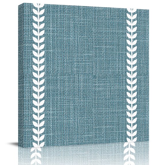 Framed Canvas Wall Art for Living Room Denim Blue Linen Leaf Vines Wall Decor, Vertical Border Lines Aesthetic Paintings for Bedroom Office Kitchen Bathroom, Ready to Hang Artwork 8x8 Inch