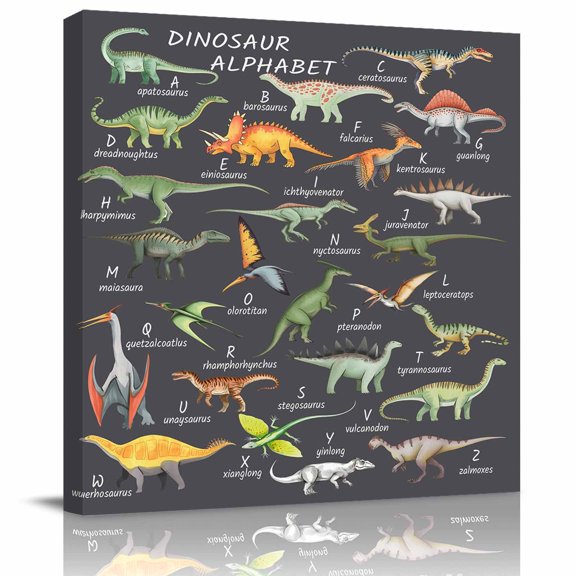 Framed Canvas Wall Art for Living Room Dinosaur Family Wall Decor, Learning Alphabet A to Z Name Grey Aesthetic Paintings for Bedroom Office Kitchen, Ready to Hang Artwork Wall Pictures 8x8 Inch
