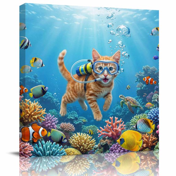 Framed Canvas Wall Art for Living Room Diving Cat Wall Decor, Funny Animal Fish Coral Seafloor Aesthetic Paintings for Bedroom Office Kitchen Bathroom, Ready to Hang Artwork Wall Pictures 8x8 Inch