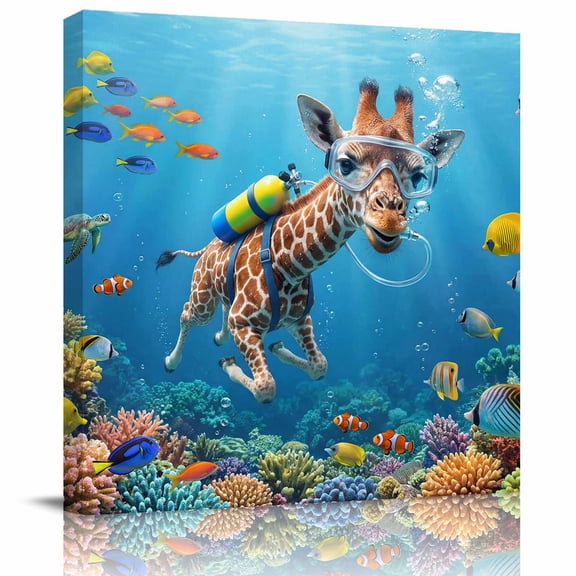 Framed Canvas Wall Art for Living Room Diving Giraffe Wall Decor, Funny Animal Fish Coral Ocean Seafloor Aesthetic Paintings for Bedroom Office Kitchen, Ready to Hang Artwork Wall Pictures 8x8 Inch