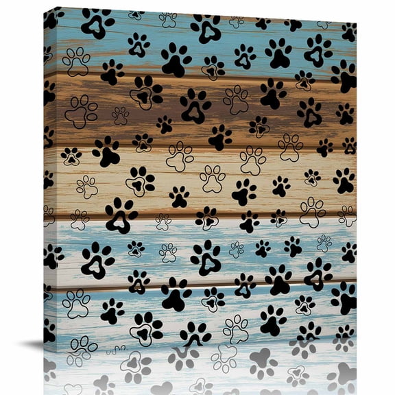 Framed Canvas Wall Art for Living Room Dog Claw Paw Print Wall Decor, Pet Blue Brown Wood Grain Aesthetic Paintings for Bedroom Office Kitchen Bathroom, Ready to Hang Artwork Wall Pictures 8x8 Inch