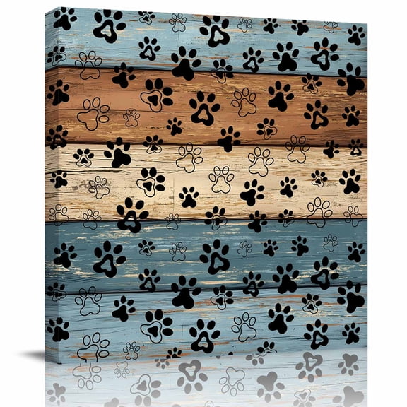 Framed Canvas Wall Art for Living Room Dog Paw Print Wall Decor, Retro Brown Mist Blue Wood Grain Aesthetic Paintings for Bedroom Office Kitchen, Ready to Hang Artwork Wall Pictures 8x8 Inch