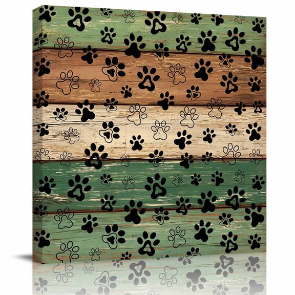 Framed Canvas Wall Art for Living Room Dog Paw Print Wall Decor, Retro Green Brown Wood Grain Aesthetic Paintings for Bedroom Office Kitchen Bathroom, Ready to Hang Artwork Wall Pictures 8x8 Inch