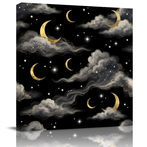 Framed Canvas Wall Art for Living Room Dreamy Starry Night Wall Decor, Black Cloud Twinkling Stars Moon Aesthetic Paintings for Bedroom Office Kitchen, Ready to Hang Artwork Wall Pictures 8x8 Inch