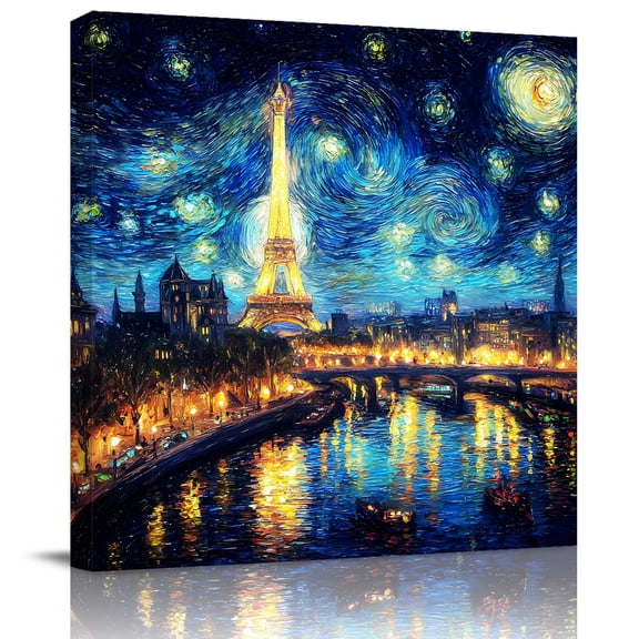Framed Canvas Wall Art for Living Room Eiffel Tower Bridge Wall Decor, Starry Night Impressionist Aesthetic Paintings for Bedroom Office Kitchen, Ready to Hang Artwork Wall Pictures 8x8 Inch