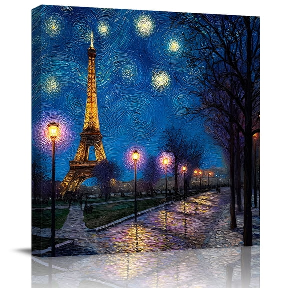 Framed Canvas Wall Art for Living Room Eiffel Tower Night Walk Wall Decor, Urban Impressionist Aesthetic Paintings for Bedroom Office Kitchen Bathroom, Ready to Hang Artwork Wall Pictures 8x8 Inch