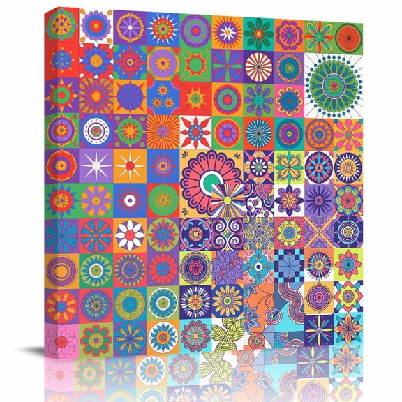 Framed Canvas Wall Art for Living Room Ethnic Tribal Style Wall Decor, Geometric Mantoro Vintage Floral Purple Aesthetic Paintings for Bedroom Office Kitchen, Ready to Hang Wall Pictures 8x8 Inch
