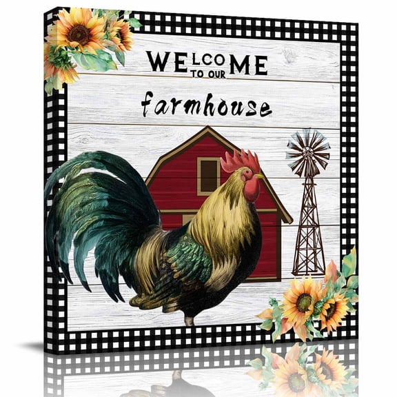 Framed Canvas Wall Art for Living Room Farmhouse Chicken Wall Decor, Sunflower Barn Windmill Plaid Retro Wood Aesthetic Paintings for Bedroom Office Kitchen, Ready to Hang Wall Pictures 8x8 Inch