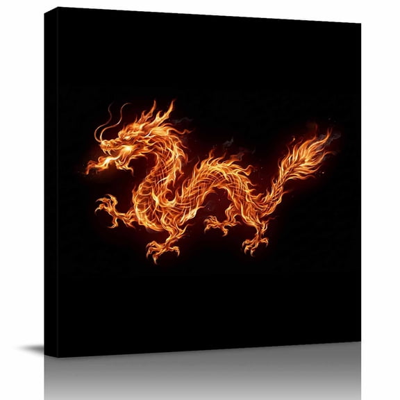 Framed Canvas Wall Art for Living Room Flames Dragon Wall Decor, Black Modern Art Aesthetic Paintings for Bedroom Office Kitchen Bathroom, Ready to Hang Artwork Wall Pictures 8x8 Inch