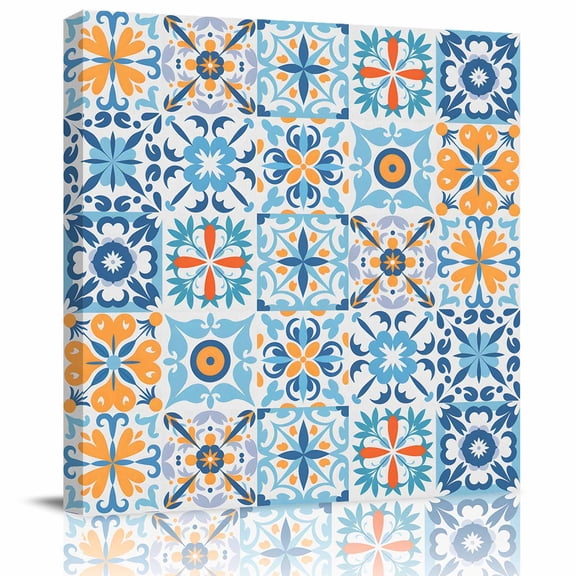Framed Canvas Wall Art for Living Room Floral Geometric Wall Decor, Vintage Blue Flower Ceramic Brick Aesthetic Paintings for Bedroom Office Kitchen, Ready to Hang Artwork Wall Pictures 8x8 Inch