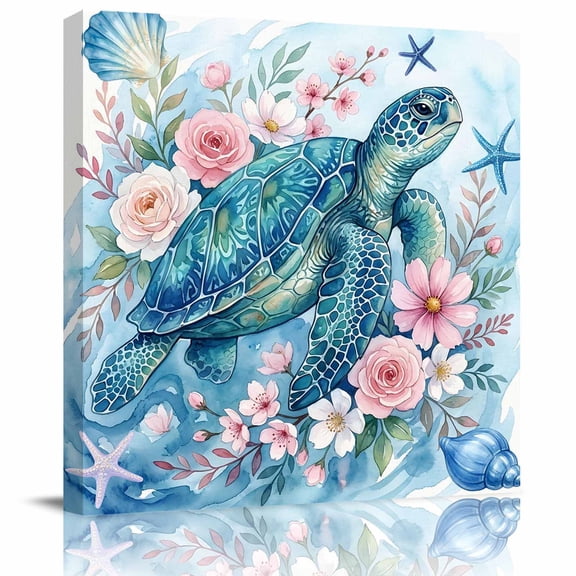 Framed Canvas Wall Art for Living Room Floral Sea Turtle Wall Decor, Starfish Shell Coral Blue Aesthetic Paintings for Bedroom Office Kitchen Bathroom, Ready to Hang Artwork Wall Pictures 8x8 Inch