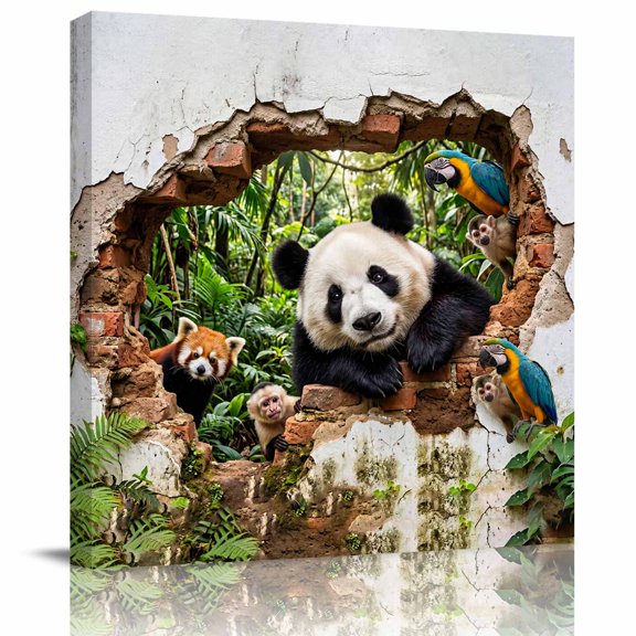 Framed Canvas Wall Art for Living Room Forest Animal Wall Decor, Broken Wall Panda Parrot Monkey Raccoon Aesthetic Paintings for Bedroom Office Kitchen, Ready to Hang Artwork Wall Pictures 8x8 Inch