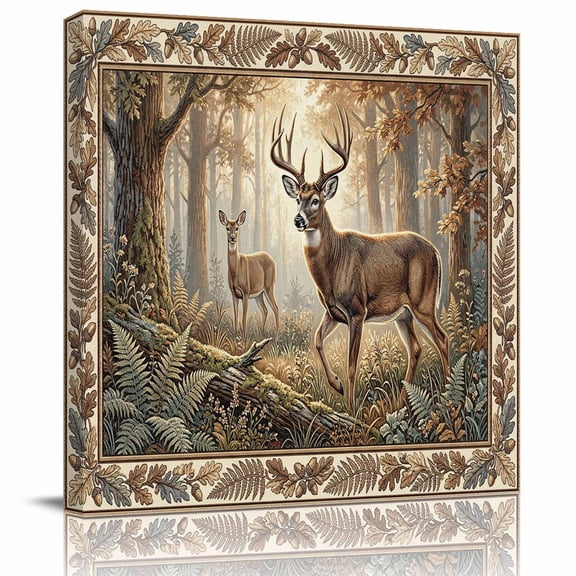 Framed Canvas Wall Art for Living Room Forest Stag Wall Decor, Animal Sunlight Tree Leaves Aesthetic Paintings for Bedroom Office Kitchen Bathroom, Ready to Hang Artwork Wall Pictures 8x8 Inch